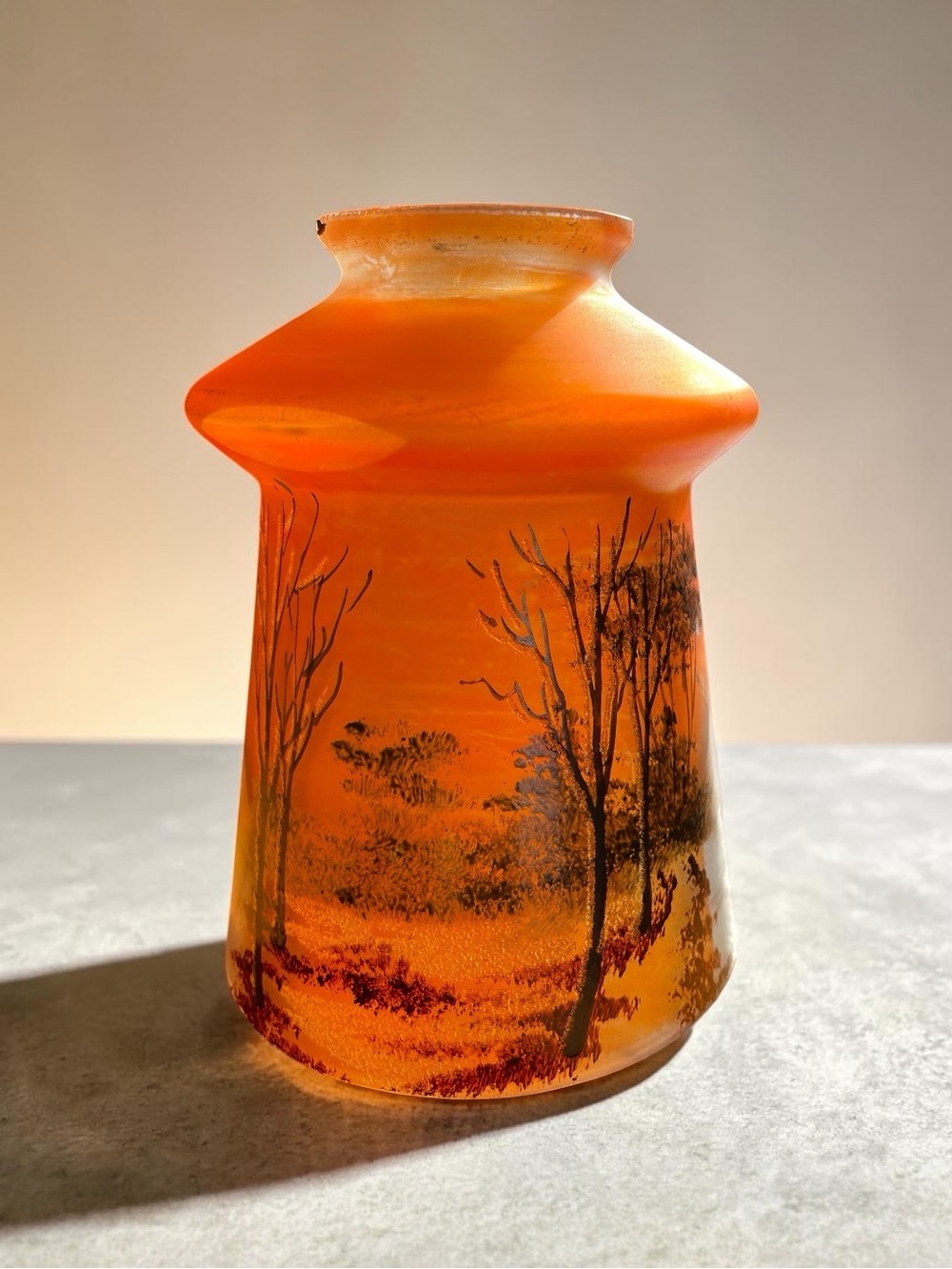 Carnival glass lamp shade from the early 1900’s, depicts a winter scene